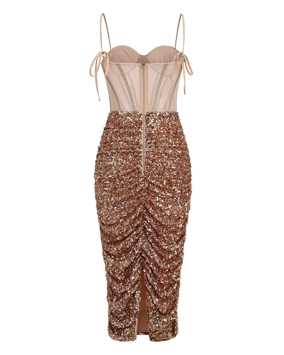 STRAPPY SEQUIN CORSET MIDI DRESS FOR PARTY NIGHTS