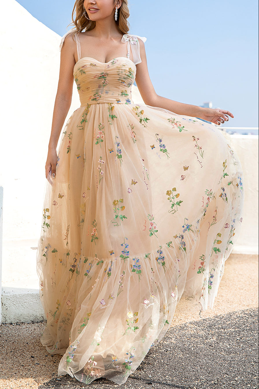 A-LINE SPAGHETTI STRAP CHAMPAGNE PROM DRESS APPLIQUE