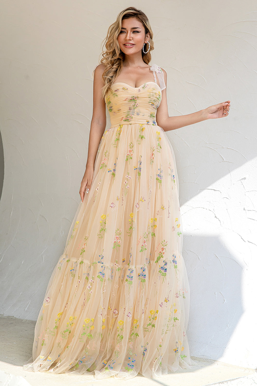 A-LINE SPAGHETTI STRAP CHAMPAGNE PROM DRESS APPLIQUE