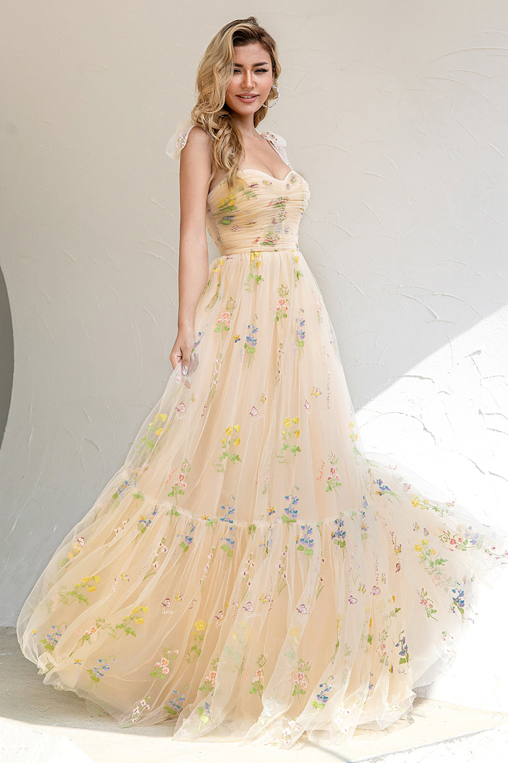 A-LINE SPAGHETTI STRAP CHAMPAGNE PROM DRESS APPLIQUE