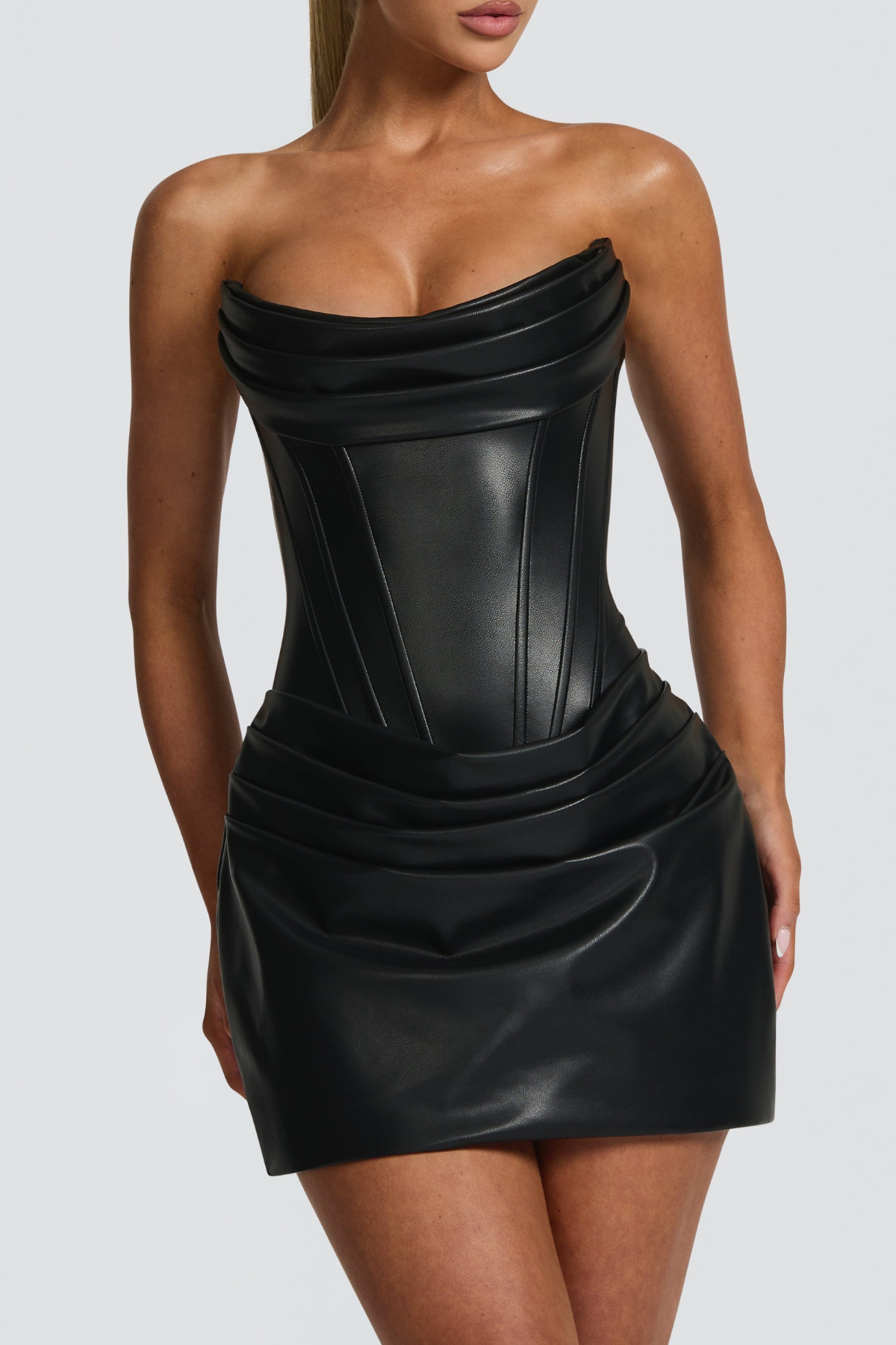 ZAIRE STRAPLESS CORSET LEATHER MINI DRESS BLACK