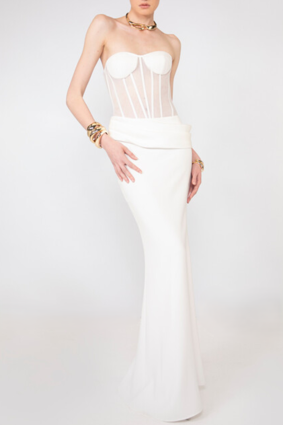 PRISCILLA STRAPLESS VEILED CORSET WEDDING MAXI DRESS