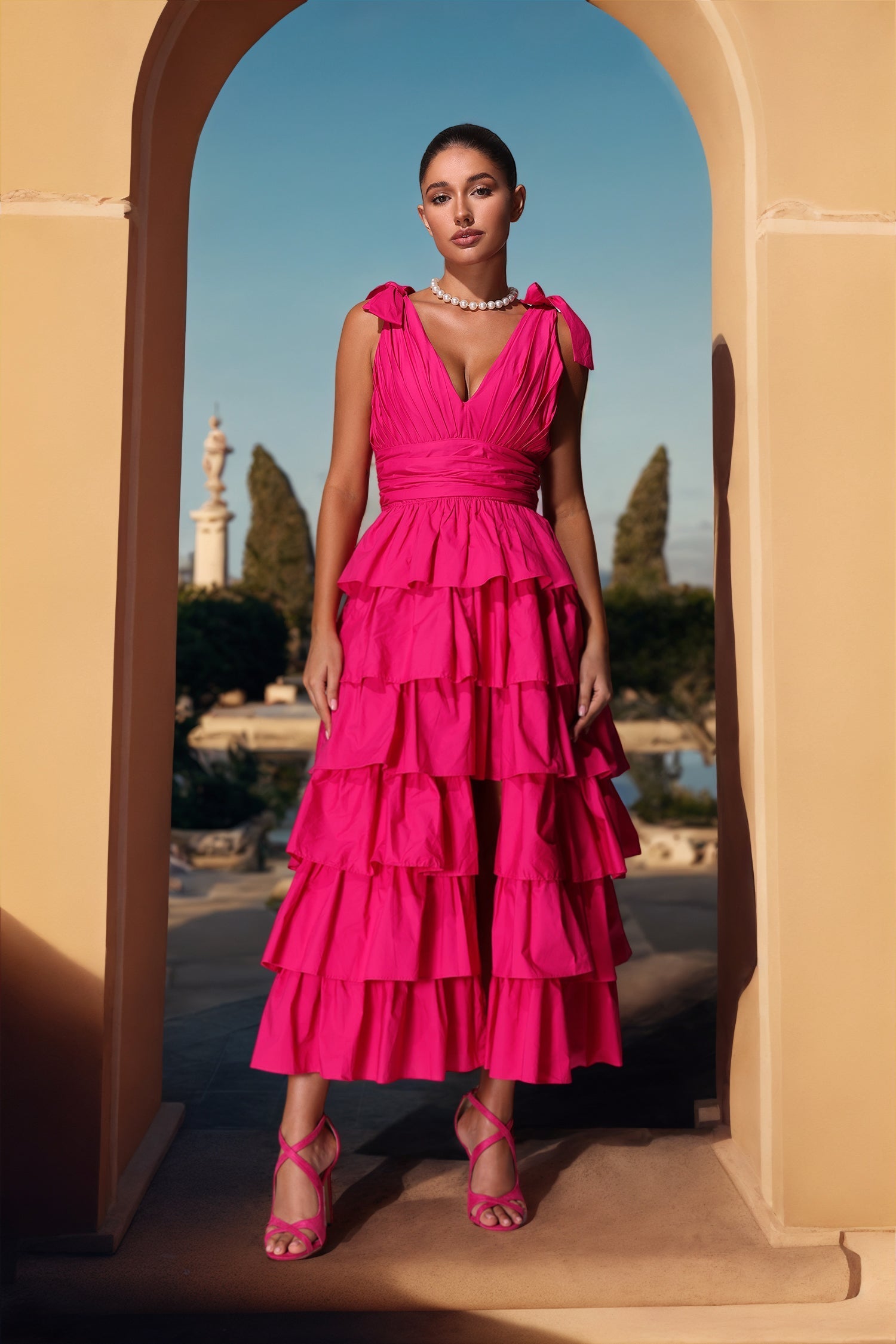 PLUNGE V-NECK RUFFLE TIERED SLIT GOWN PINK