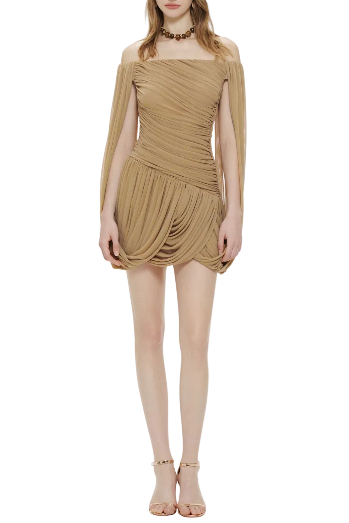 ZHURIA OFF-SHOULDER DRAPED MINI KHAKI DRESS