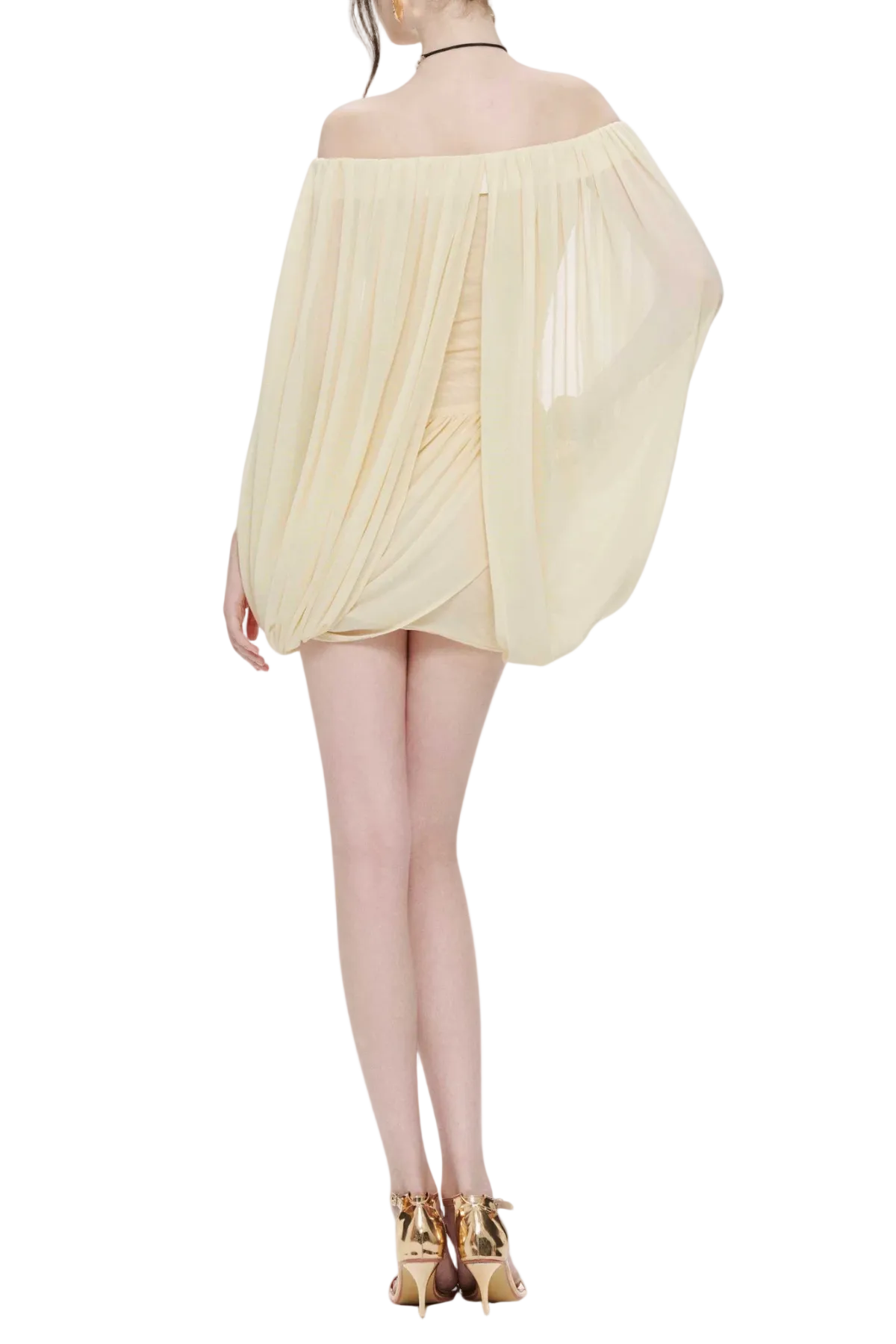 ZHURIA OFF-SHOULDER DRAPED YELLOW MINI DRESS