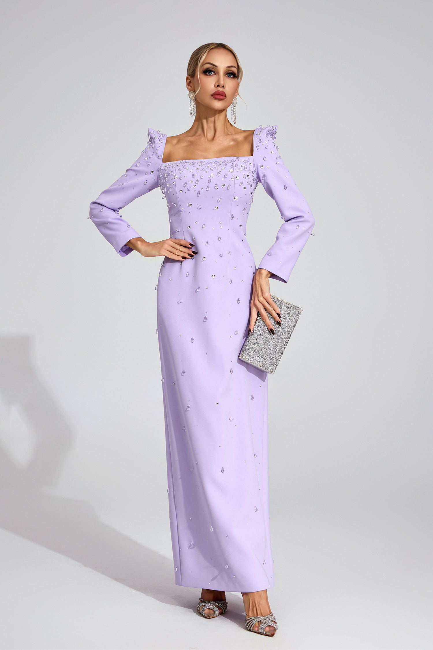 LYNN SQUARE NECK BEADED RHINESTONE MAXI DRESS - PURPLE