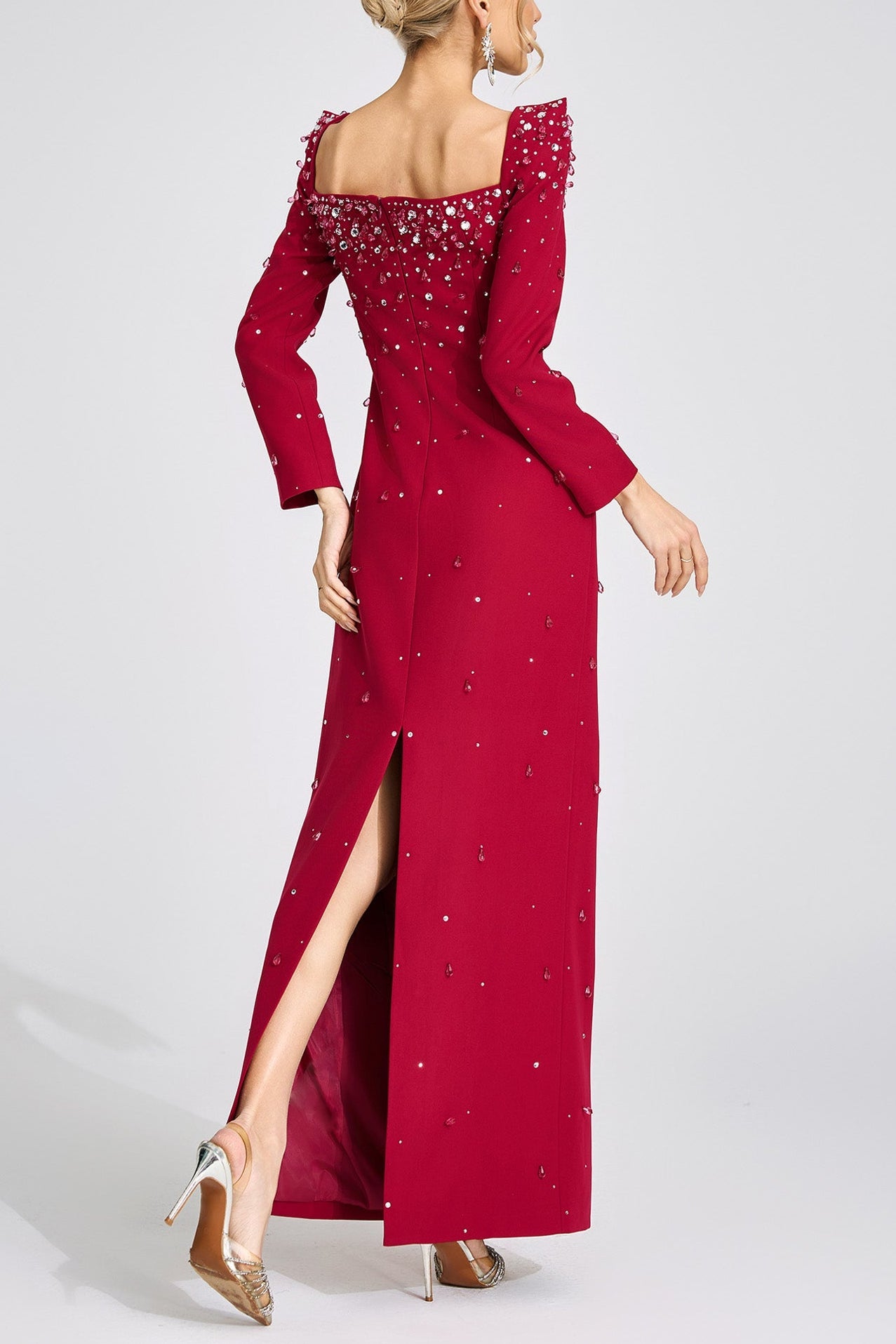 LYNN SQUARE NECK BEADED MAXI DRESS - BURGUNDY