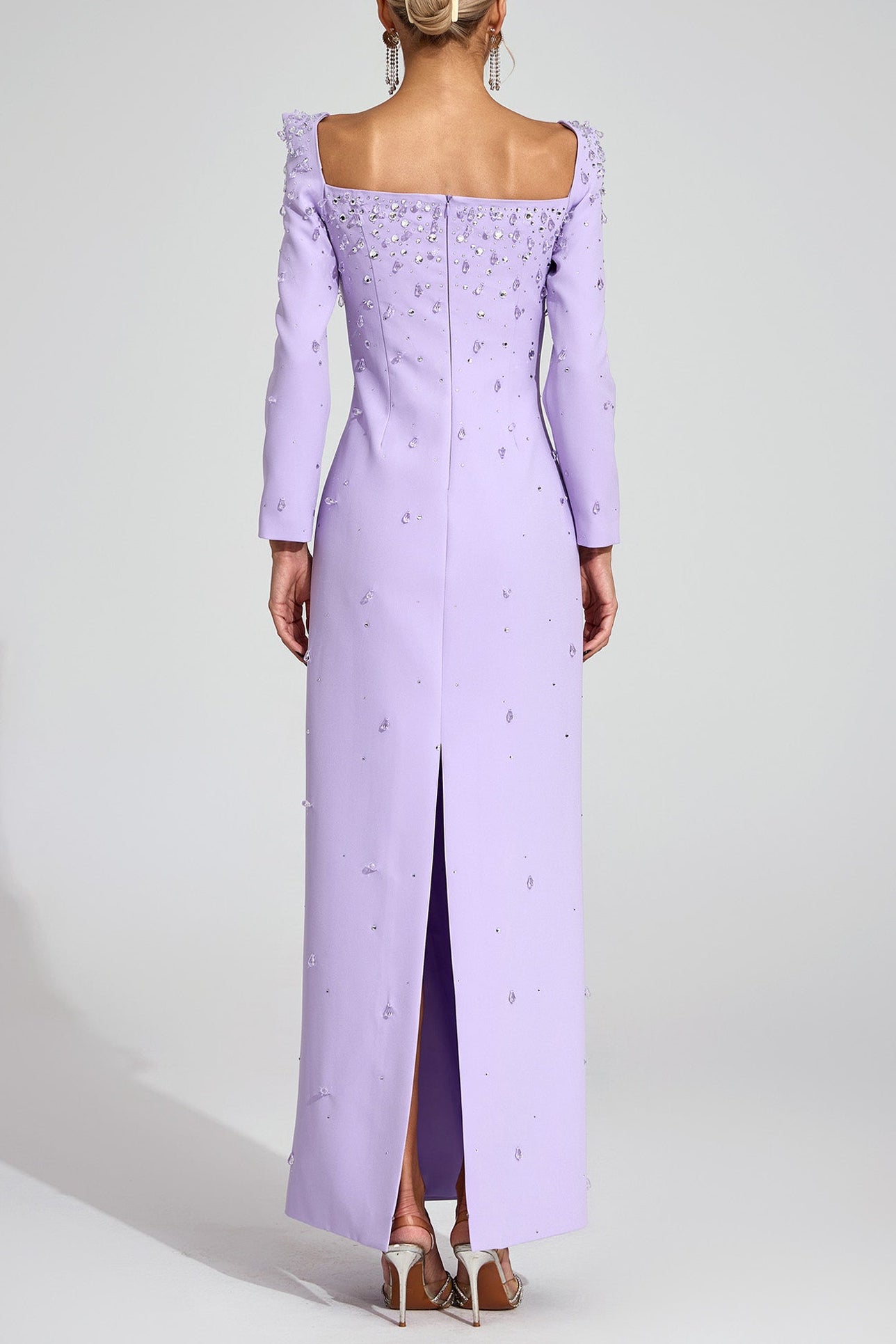 LYNN SQUARE NECK BEADED RHINESTONE MAXI DRESS - PURPLE