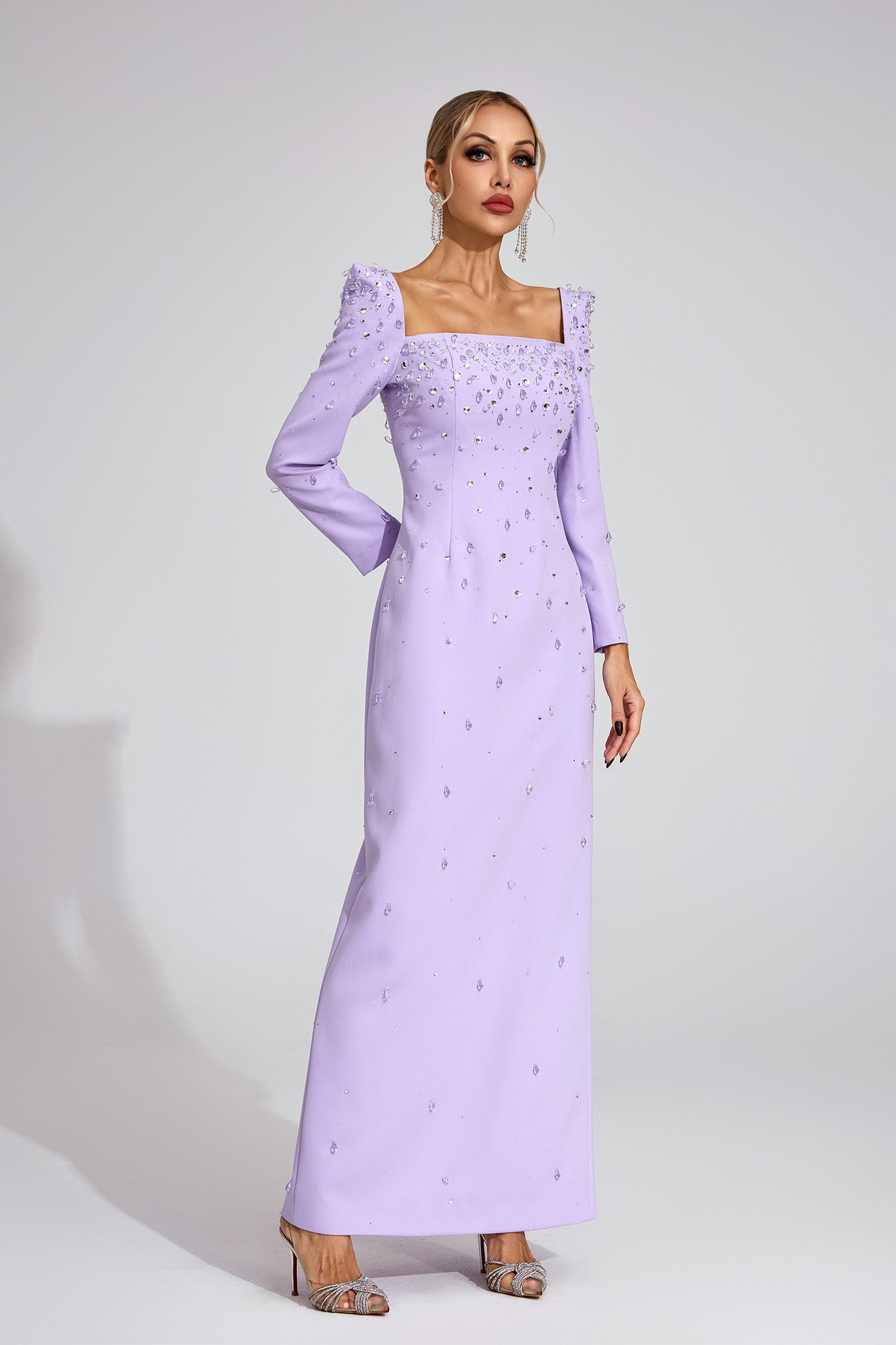 LYNN SQUARE NECK BEADED RHINESTONE MAXI DRESS - PURPLE