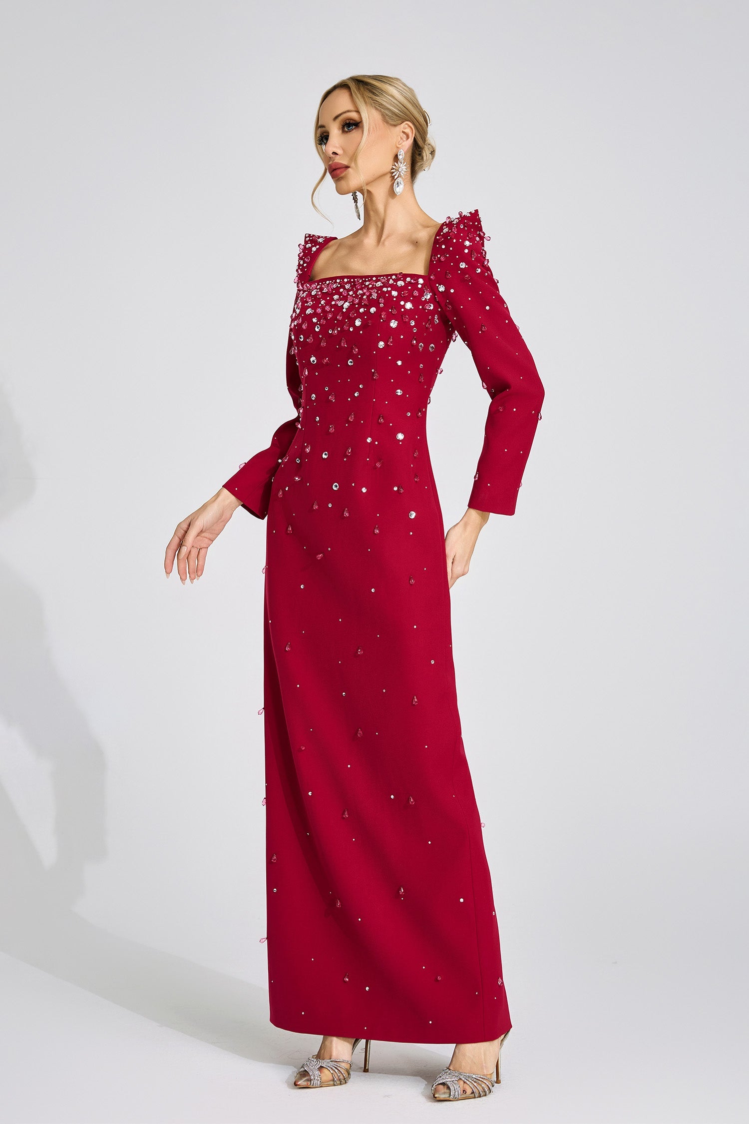 LYNN SQUARE NECK BEADED MAXI DRESS - BURGUNDY
