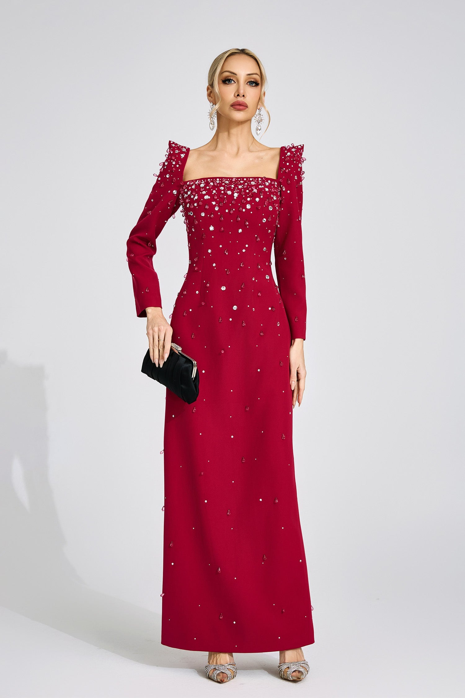 LYNN SQUARE NECK BEADED MAXI DRESS - BURGUNDY