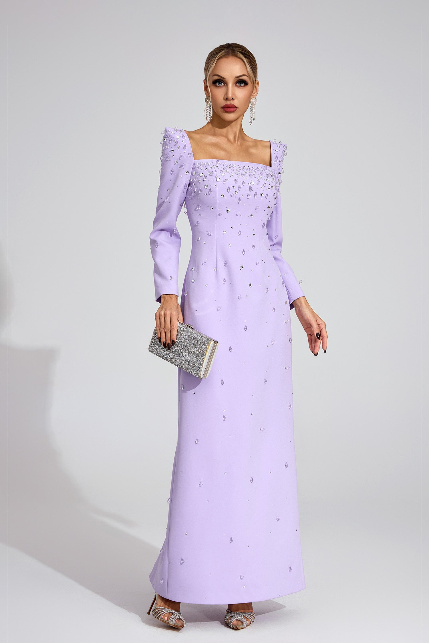 LYNN SQUARE NECK BEADED RHINESTONE MAXI DRESS - PURPLE