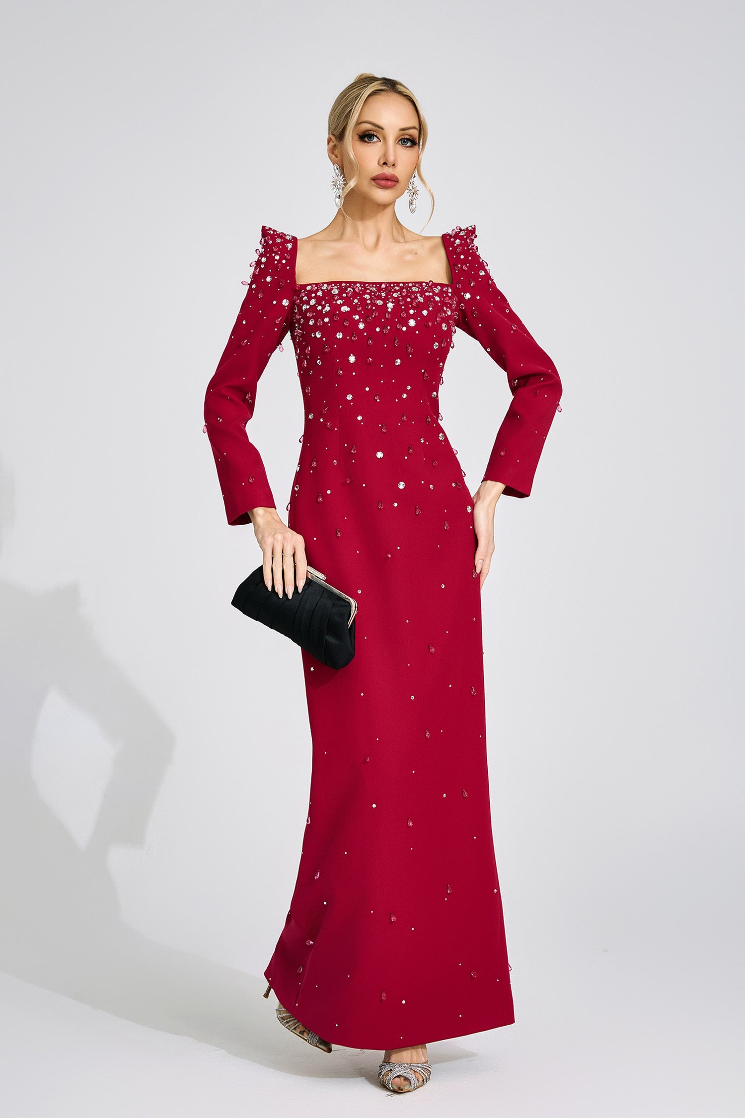 LYNN SQUARE NECK BEADED MAXI DRESS - BURGUNDY