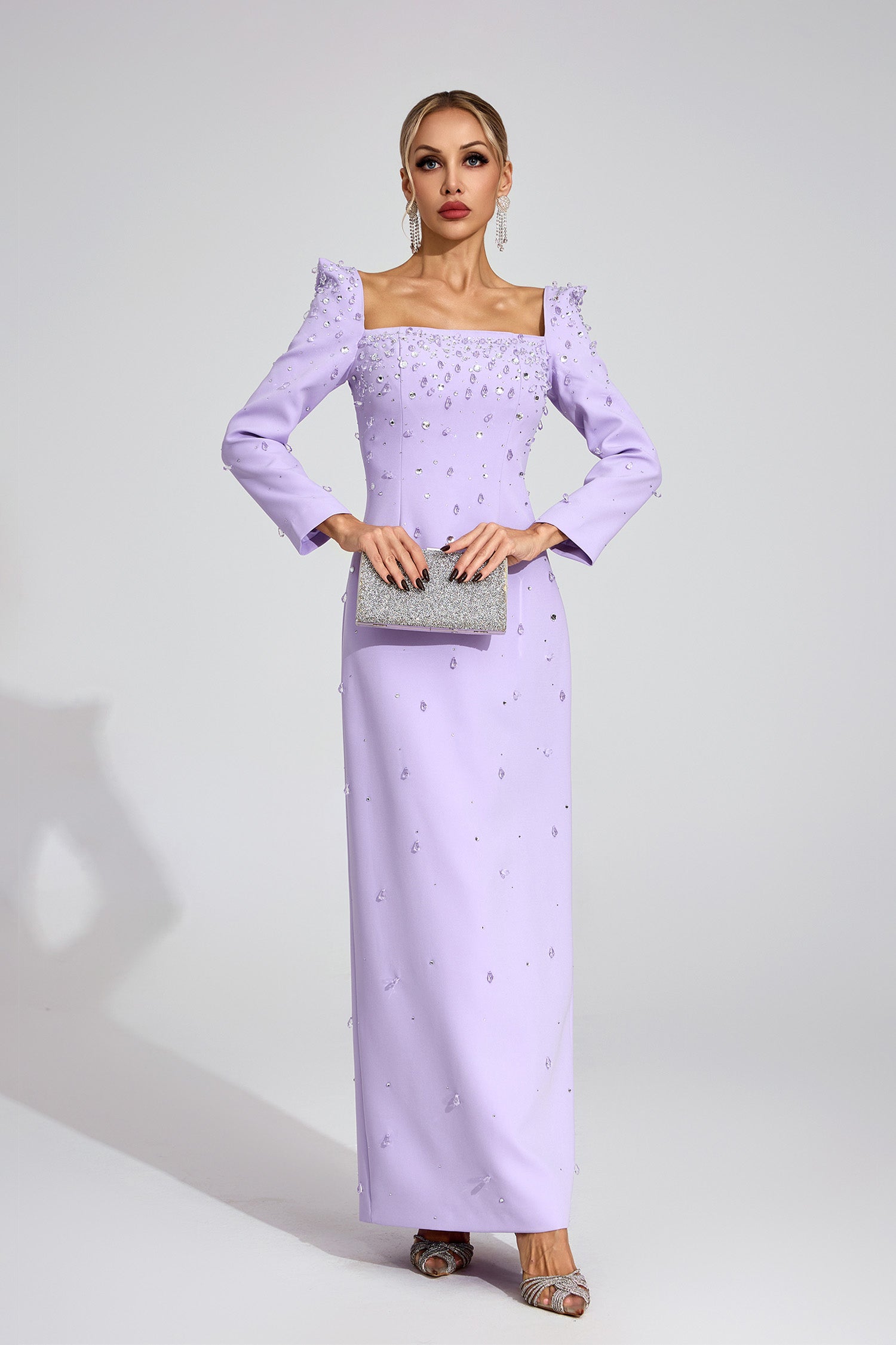 LYNN SQUARE NECK BEADED RHINESTONE MAXI DRESS - PURPLE