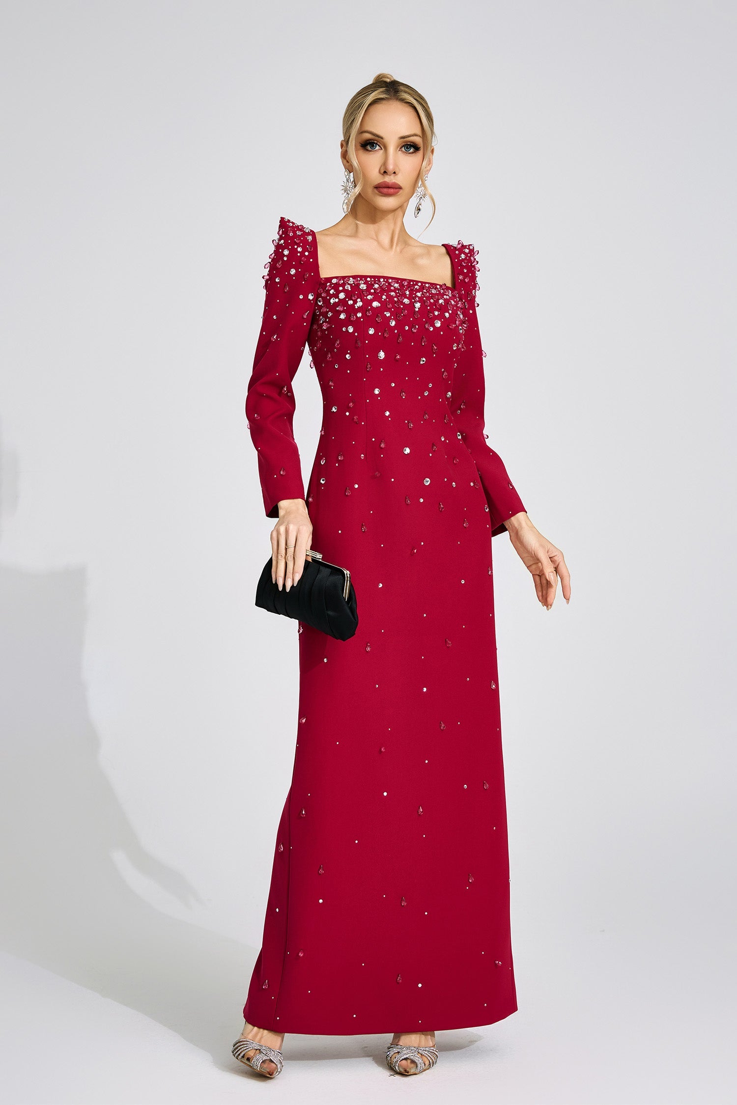 LYNN SQUARE NECK BEADED MAXI DRESS - BURGUNDY