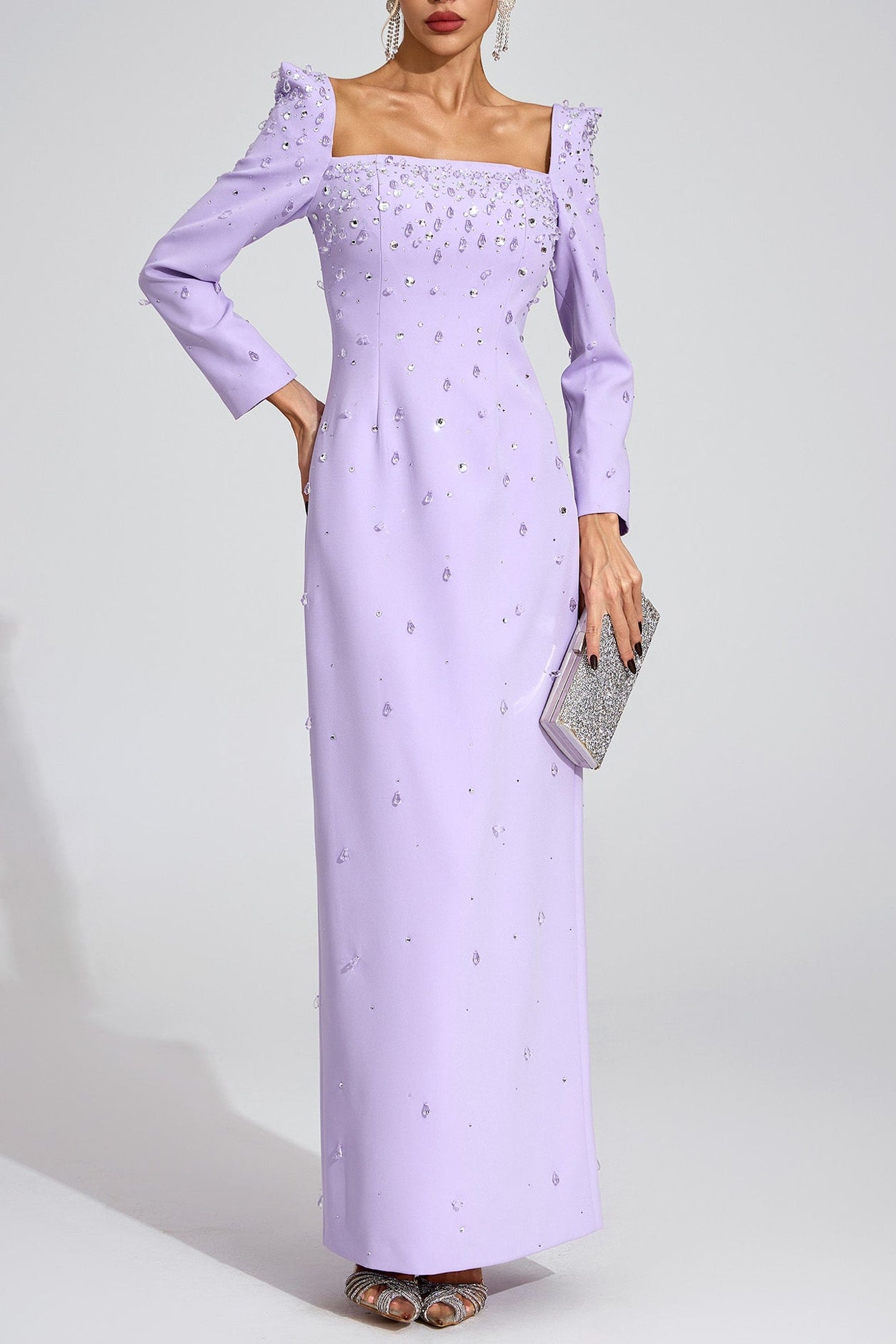 LYNN SQUARE NECK BEADED RHINESTONE MAXI DRESS - PURPLE