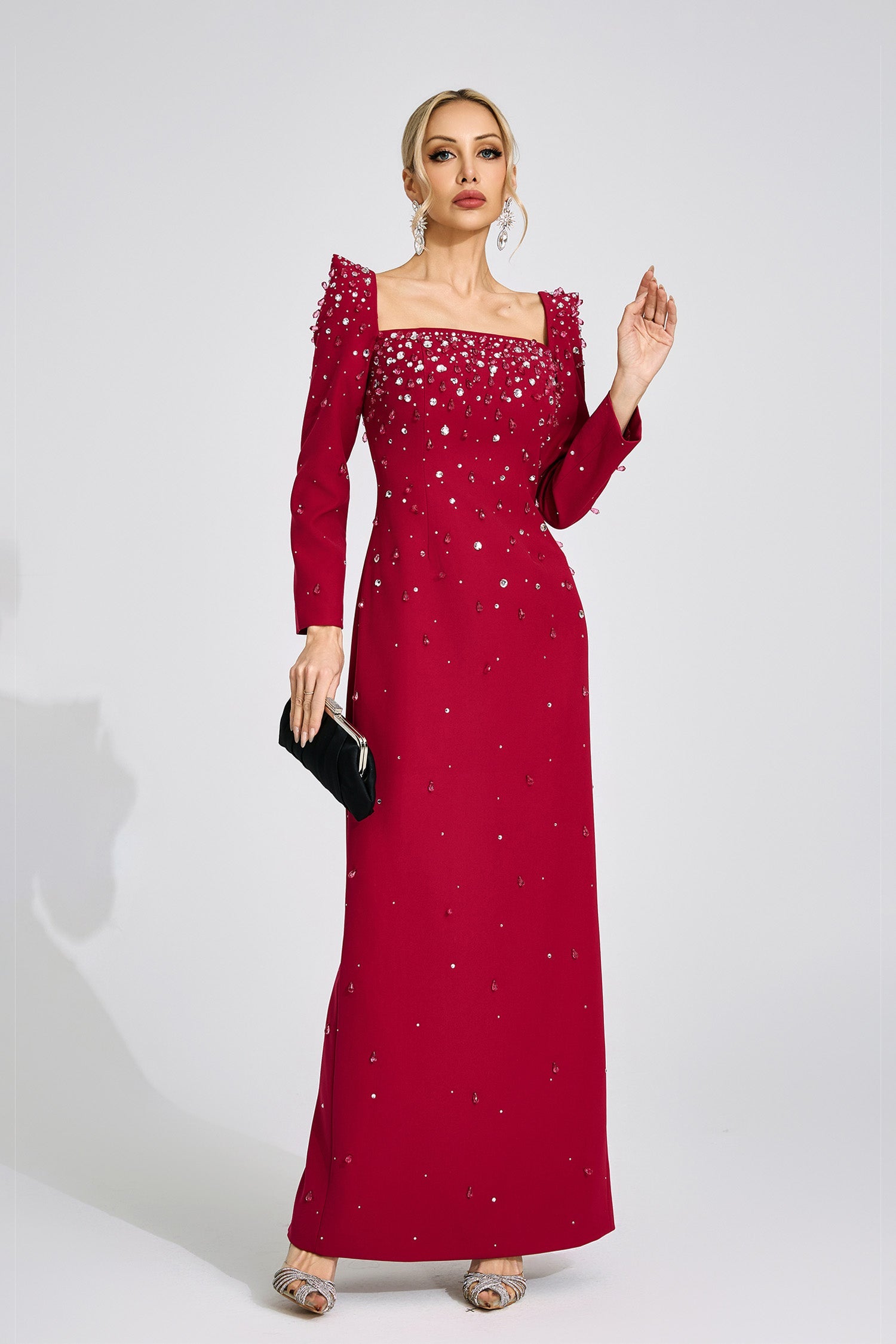 LYNN SQUARE NECK BEADED MAXI DRESS - BURGUNDY