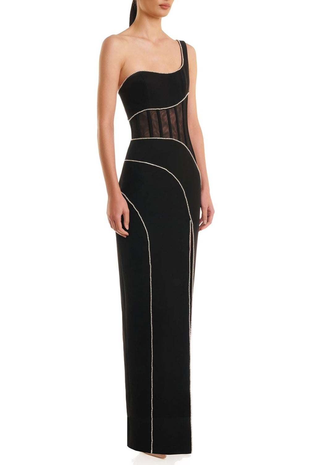 ZORAIDA DIAMANTE ONE SHOULDER SPLIT MAXI DRESS