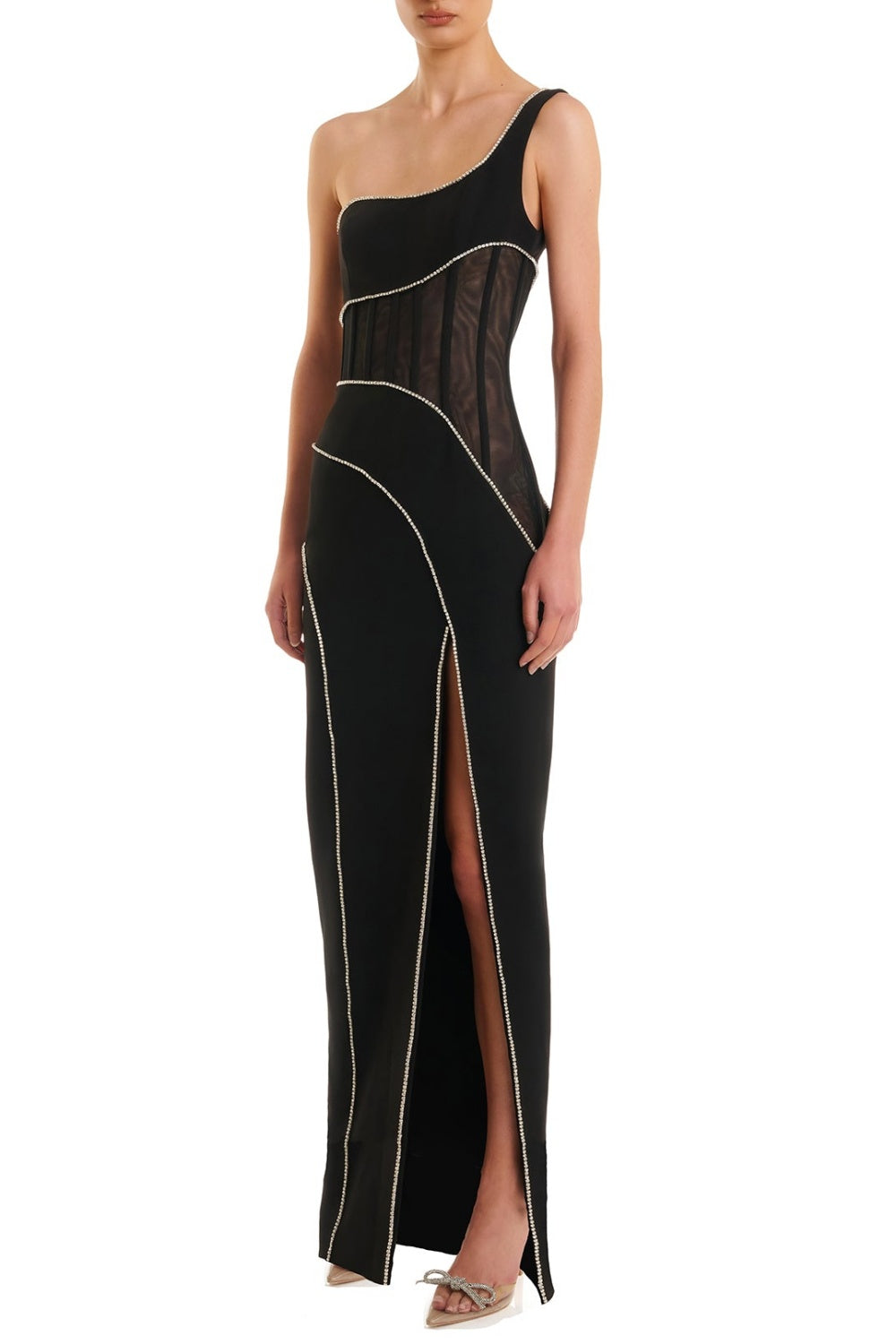 ZORAIDA DIAMANTE ONE SHOULDER SPLIT MAXI DRESS