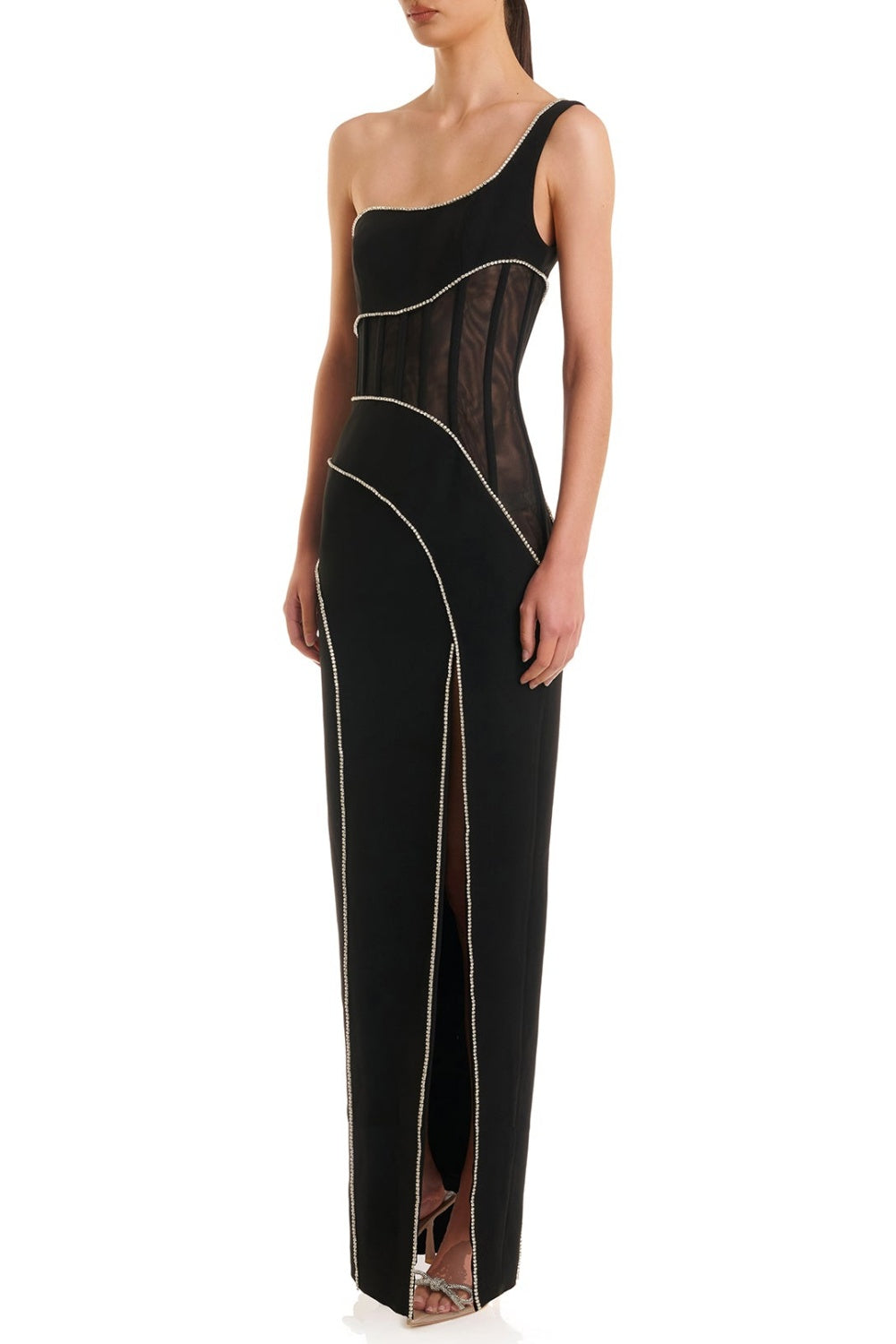 ZORAIDA DIAMANTE ONE SHOULDER SPLIT MAXI DRESS