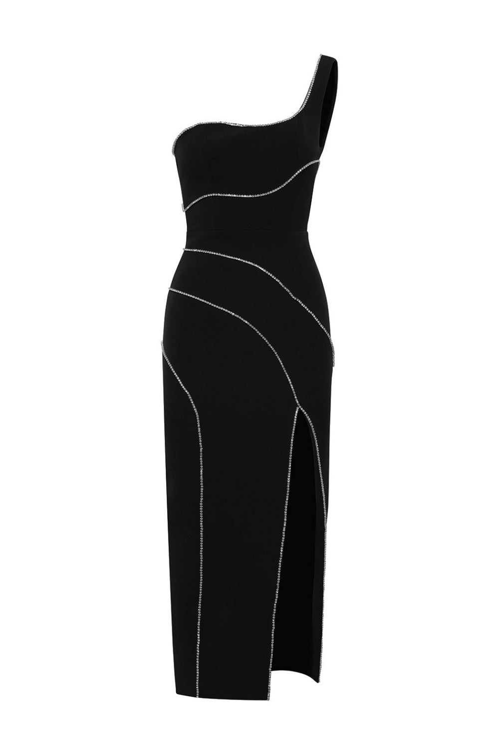 ZORAIDA ONE SHOULDER SPLIT MIDI BANDAGE DRESS