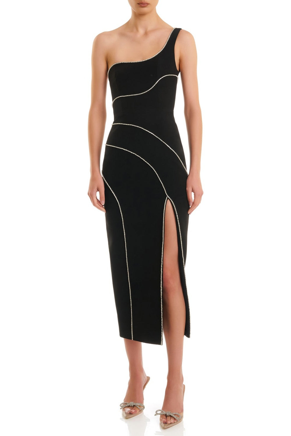 ZORAIDA ONE SHOULDER SPLIT MIDI BANDAGE DRESS
