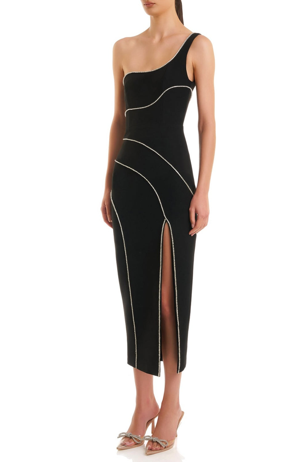 ZORAIDA ONE SHOULDER SPLIT MIDI BANDAGE DRESS