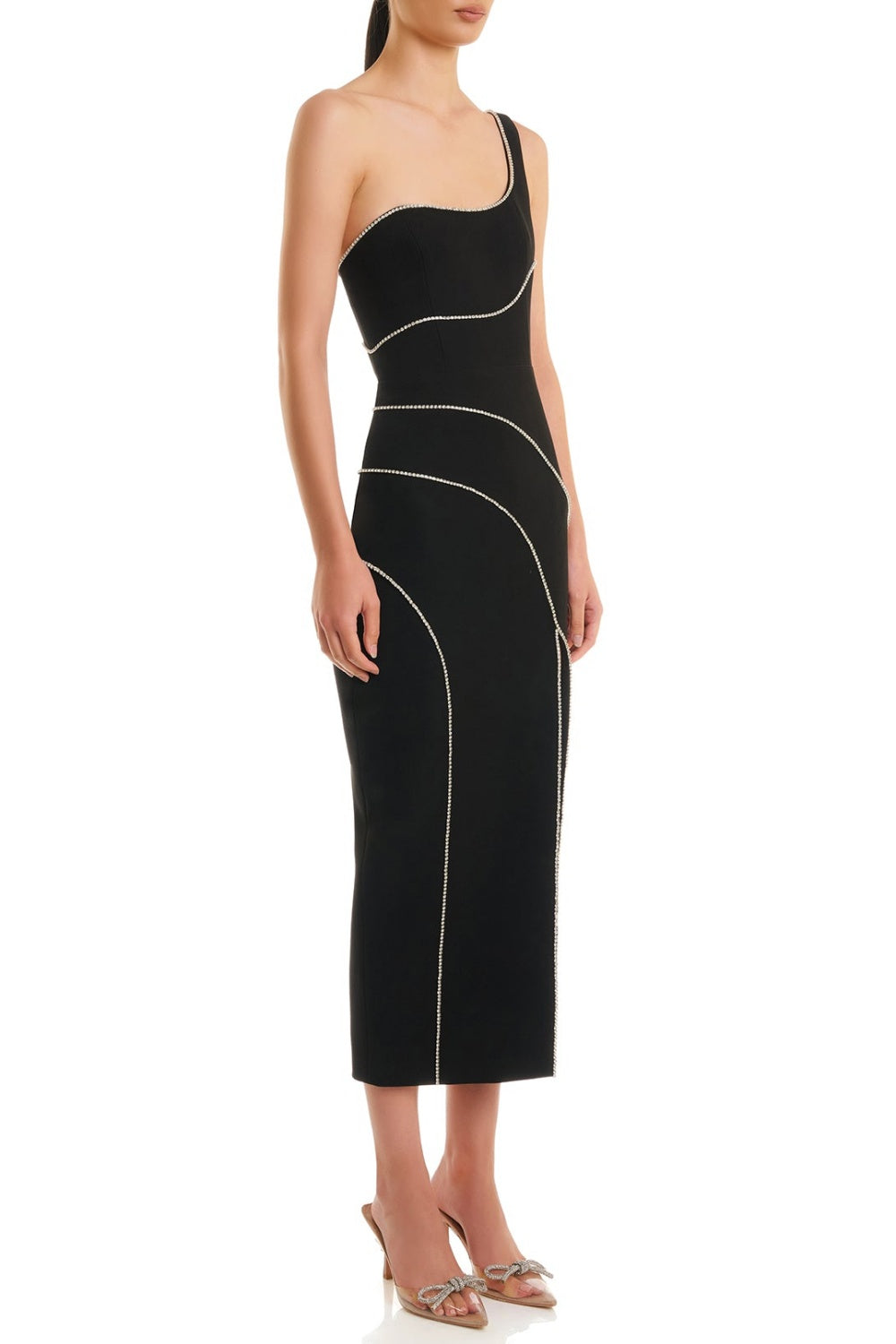 ZORAIDA ONE SHOULDER SPLIT MIDI BANDAGE DRESS