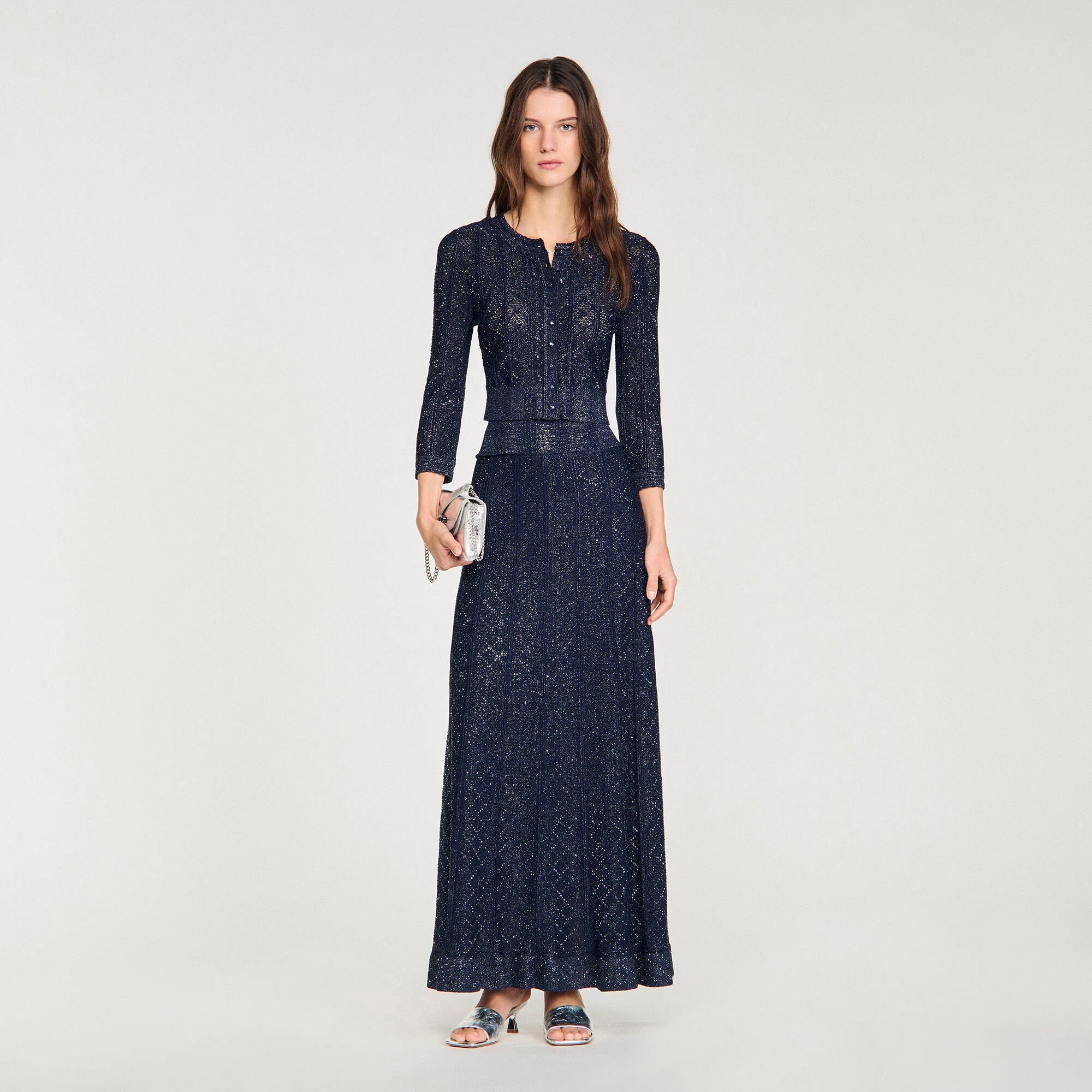 NAVY RHINESTONE KNIT MAXI SKIRT FOR EVENING