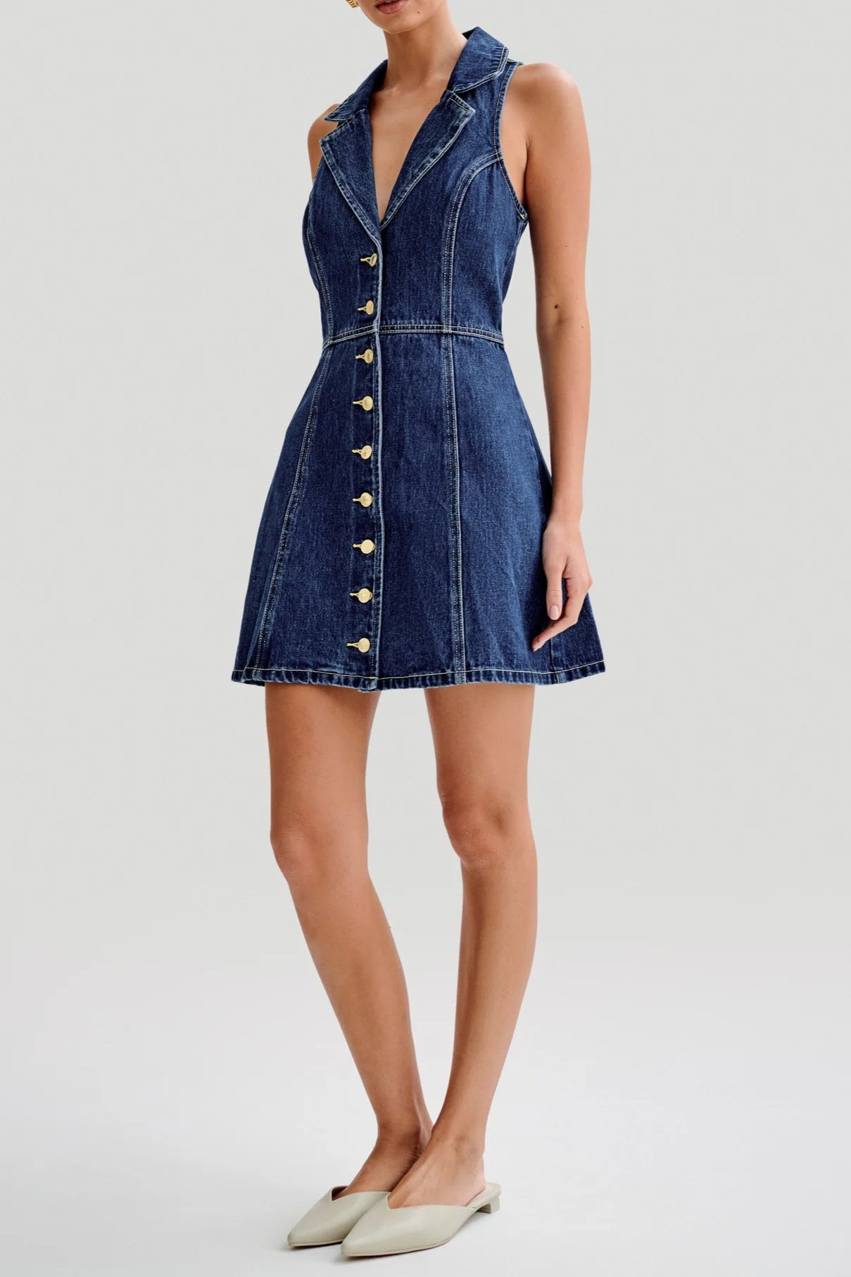 EARTHA COLLARED DENIM MINI DRESS DARK BLUE