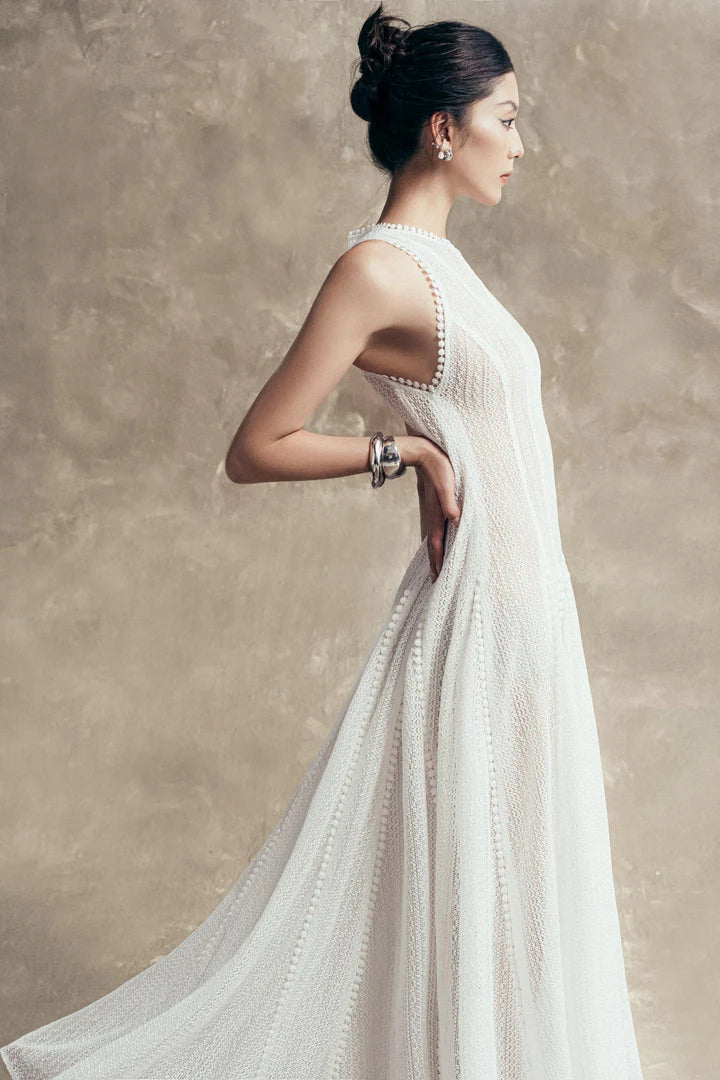 SLEEVELESS LACE CROCHET WHITE MAXI DRESS
