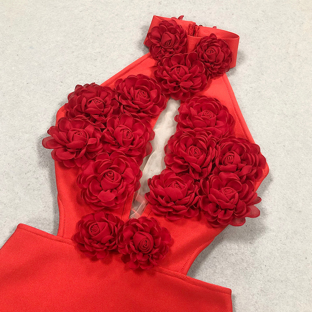 HALTER 3D FLOWER BACKLESS MAXI DRESS RED