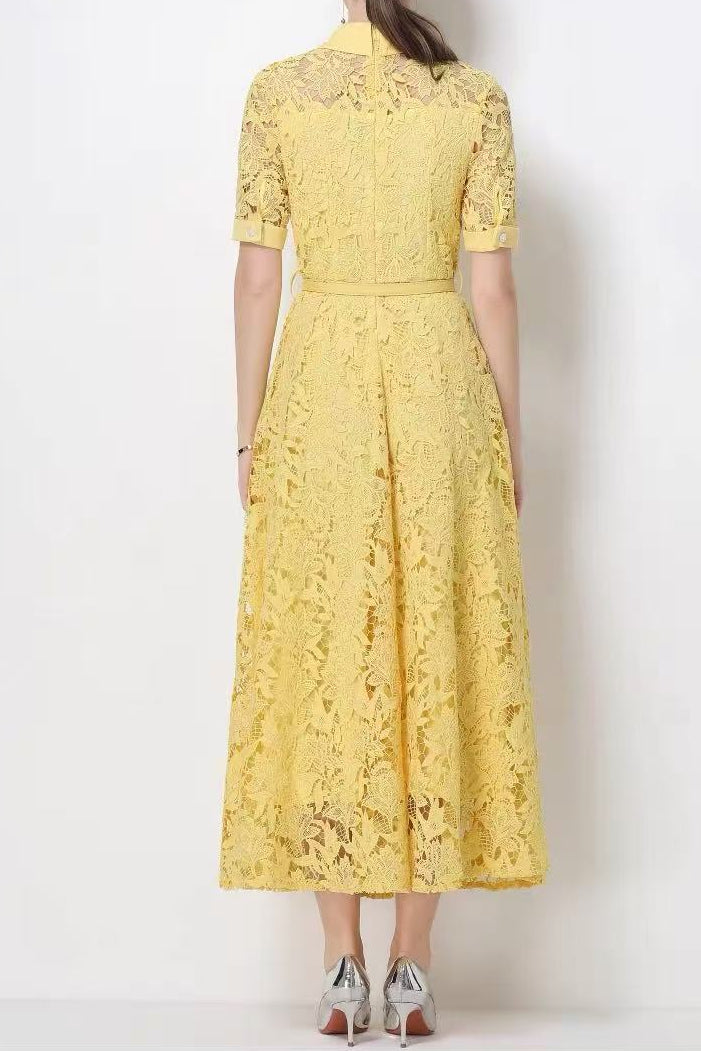 LACE COLLAR BELTED MIDI DRESS FOR WEDDING GUEST