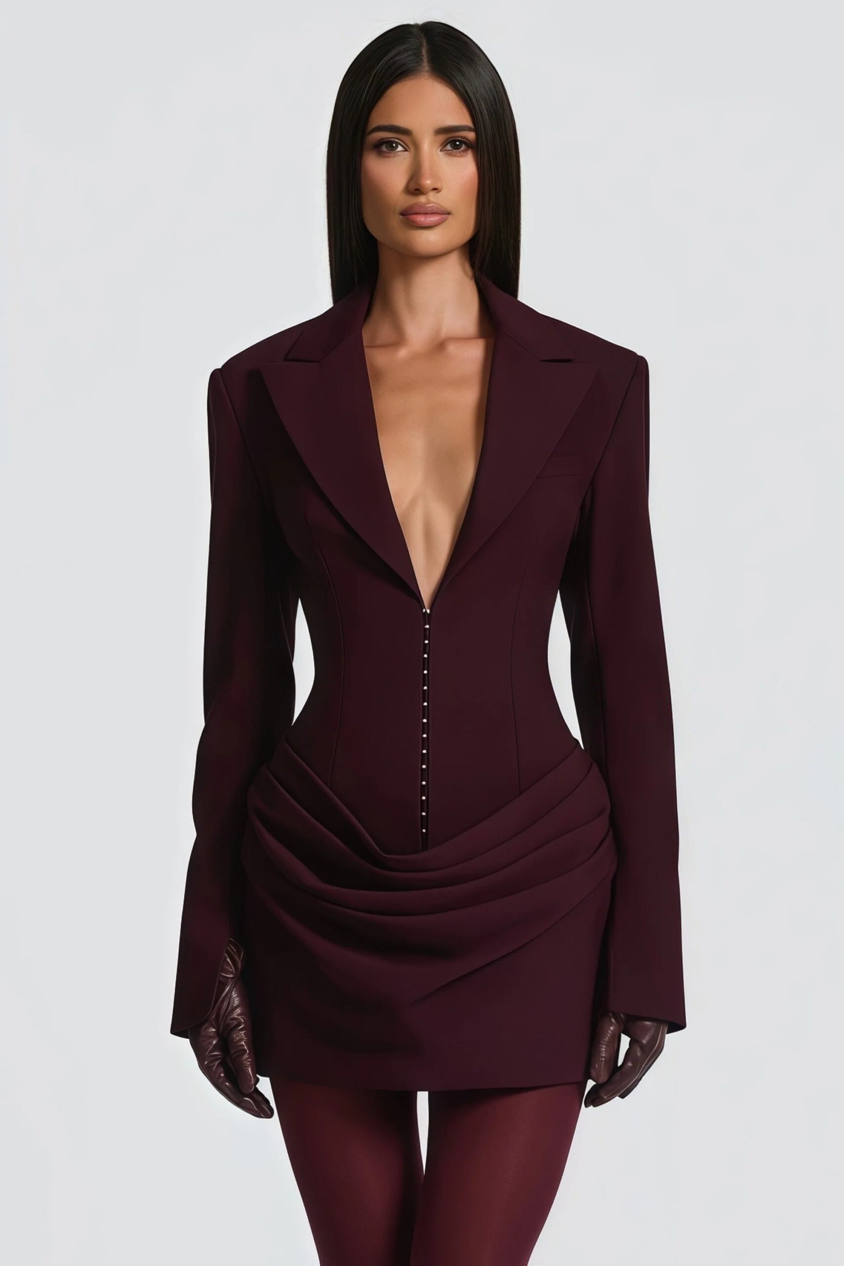 AMELIA V-NECK RUCHED BLAZER MINI DRESS IN WINE RED