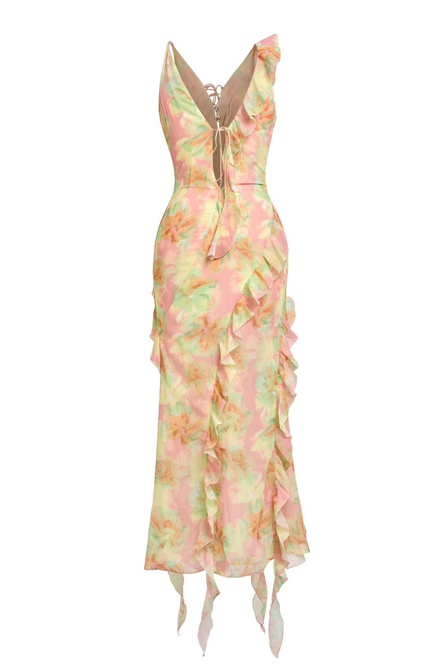 JESSIE TIE DYE V-NECK RUFFLE MIDI DRESS - GREEN