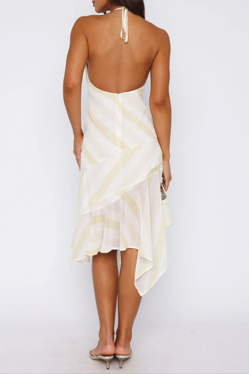 BACKLESS CITRUS STRIPE MIDI DRESS IVORY