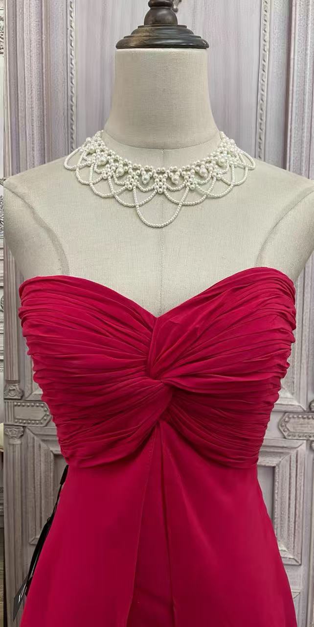 RED STRAPLESS CHIFFON HIGH-LOW EVENING GOWN
