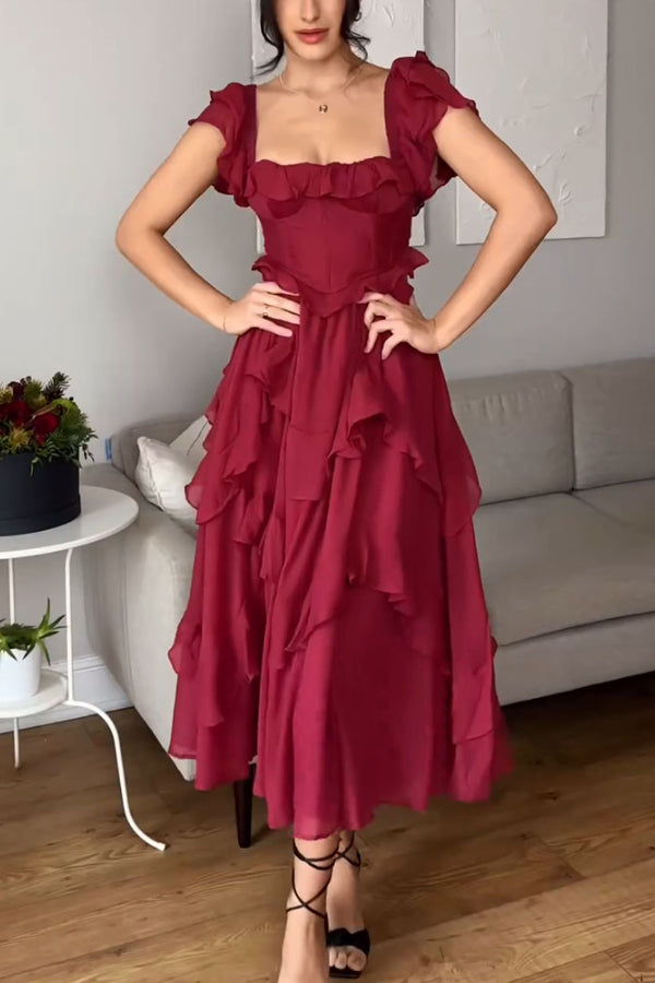 SQUARE NECK RUFFLE SLEEVE BACKLESS PARTY DRESS