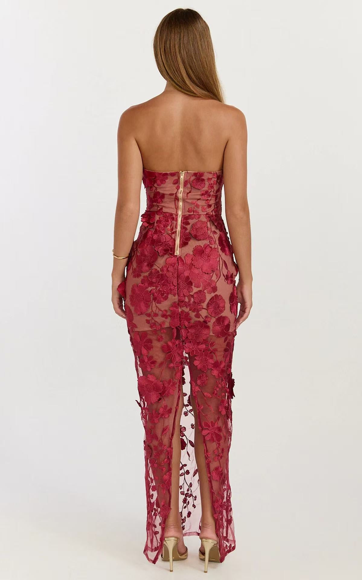 STRAPLESS 3D FLORAL MESH MAXI DRESS FOR WEDDING GUEST