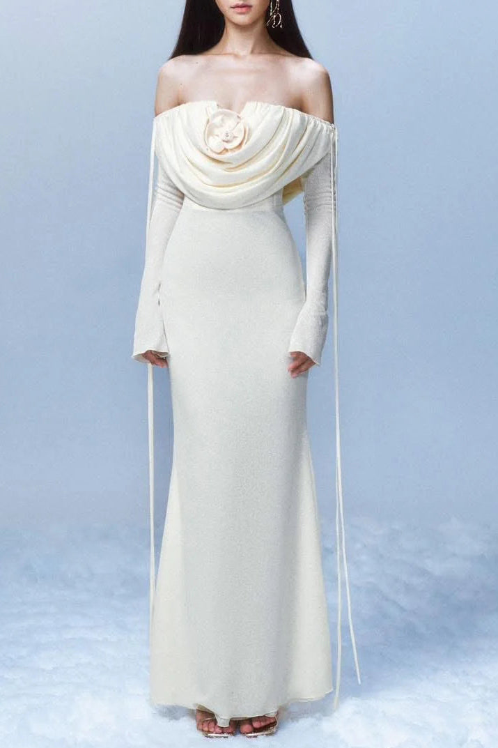 LILA FLOWER WHITE PLEATED STRAPLESS MAXI DRESS