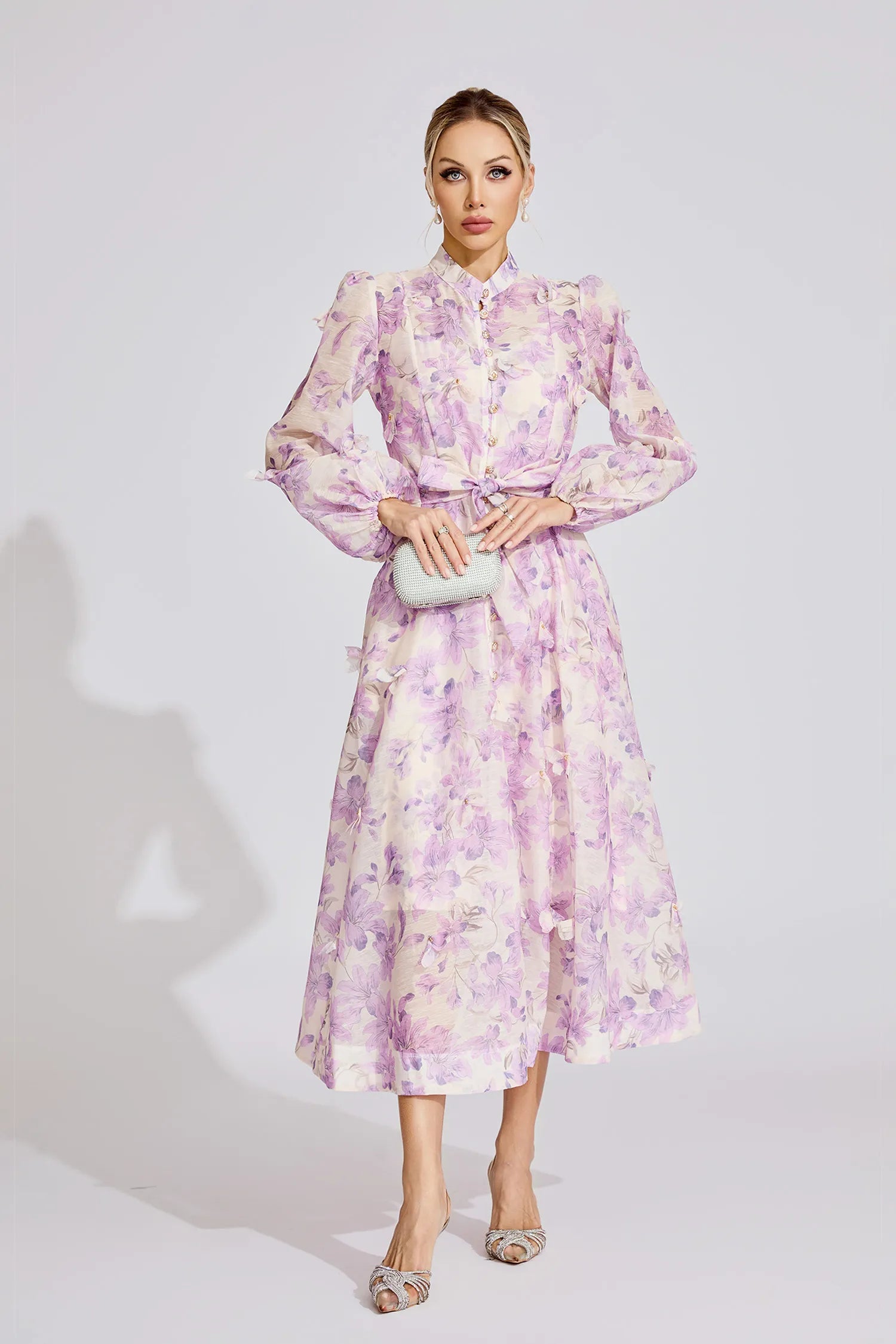 SIMONA FLORAL LANTERN SLEEVE MAXI DRESS PURPLE