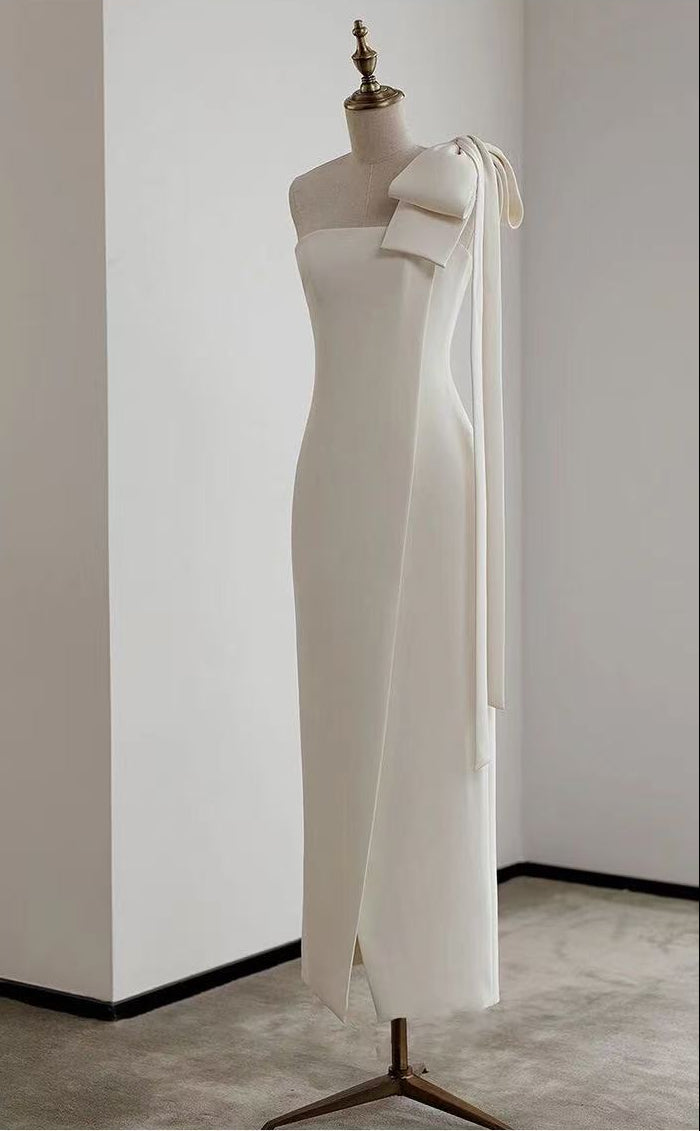 ESTELLE WHITE OFF-SHOULDER SATIN MIDI BOW DRESS