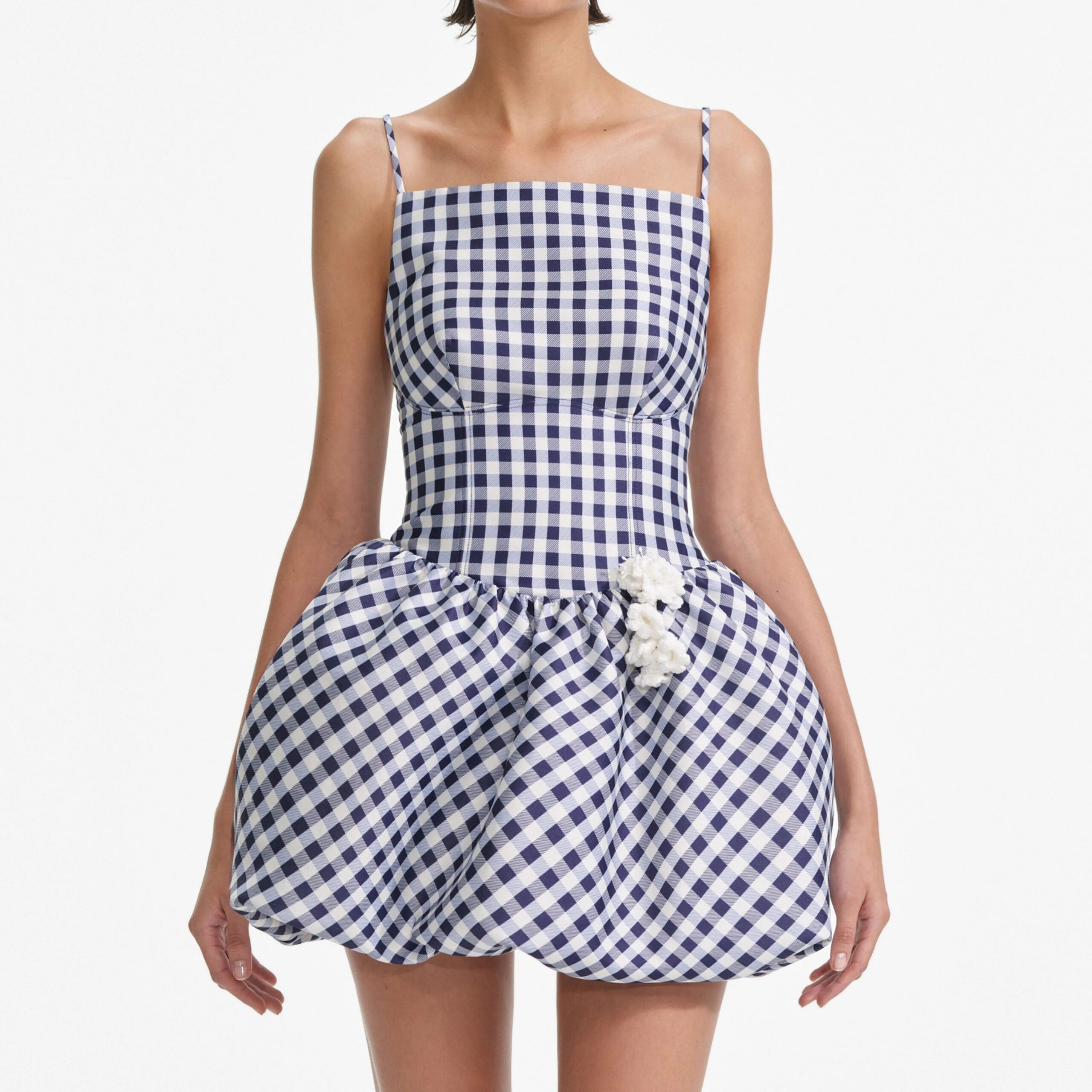 NAVY GINGHAM TAFFETA MINI DRESS FOR COCKTAIL PARTY