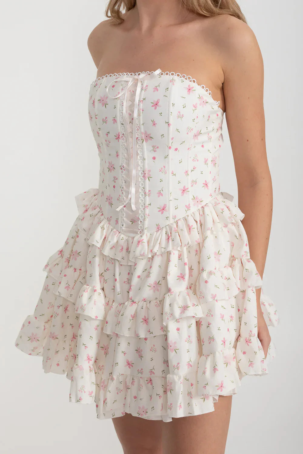 MARTHA RUFFLE STRAPLESS MINI DRESS IN PINK