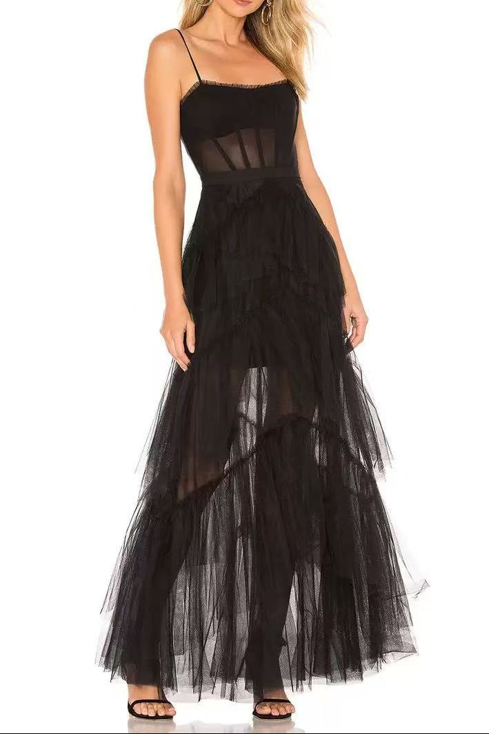 SATIN MESH CORSET GOWN SPAGHETTI STRAP