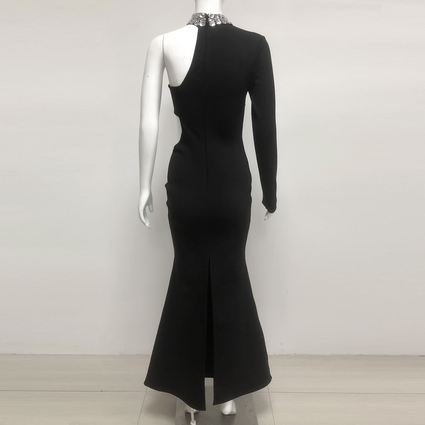 CRYSTAL ONE-SLEEVE CUT-OUT MAXI DRESS, BLACK