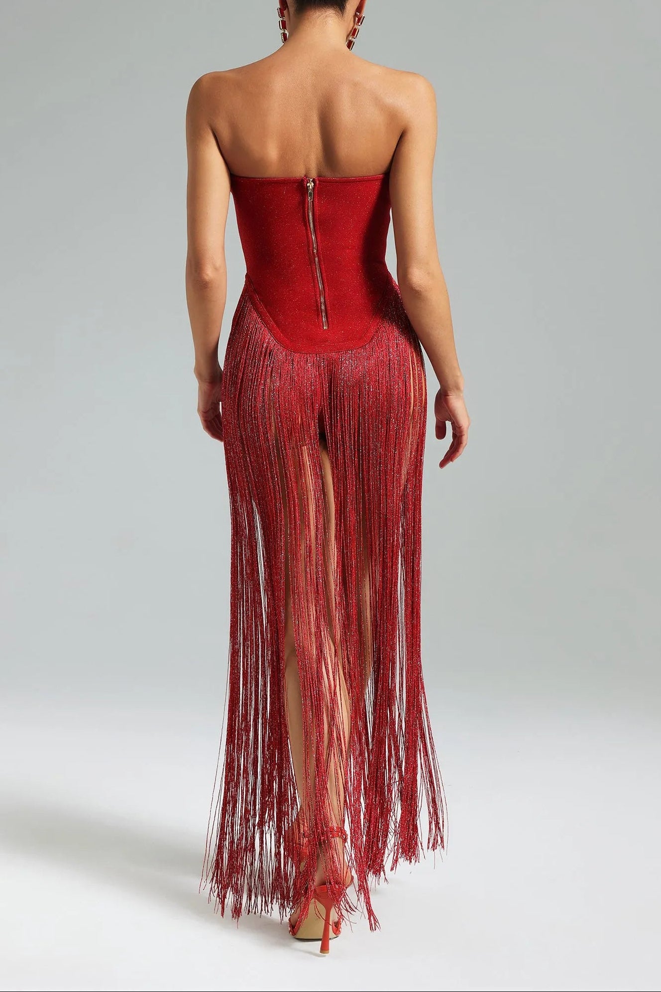HELEN FRINGE STRAPLESS RED MINI DRESS