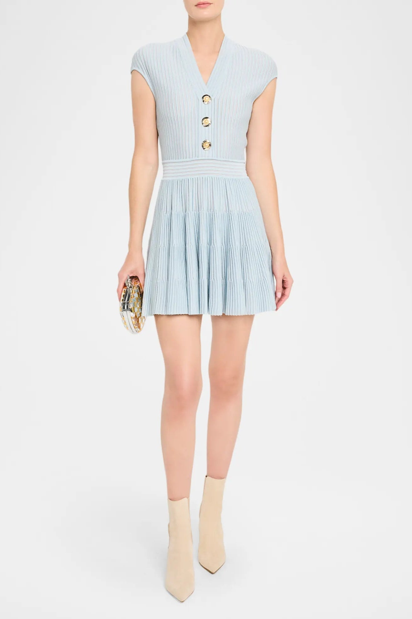 SHORT SLEEVE KNIT FLARE MINI DRESS IN BLUE