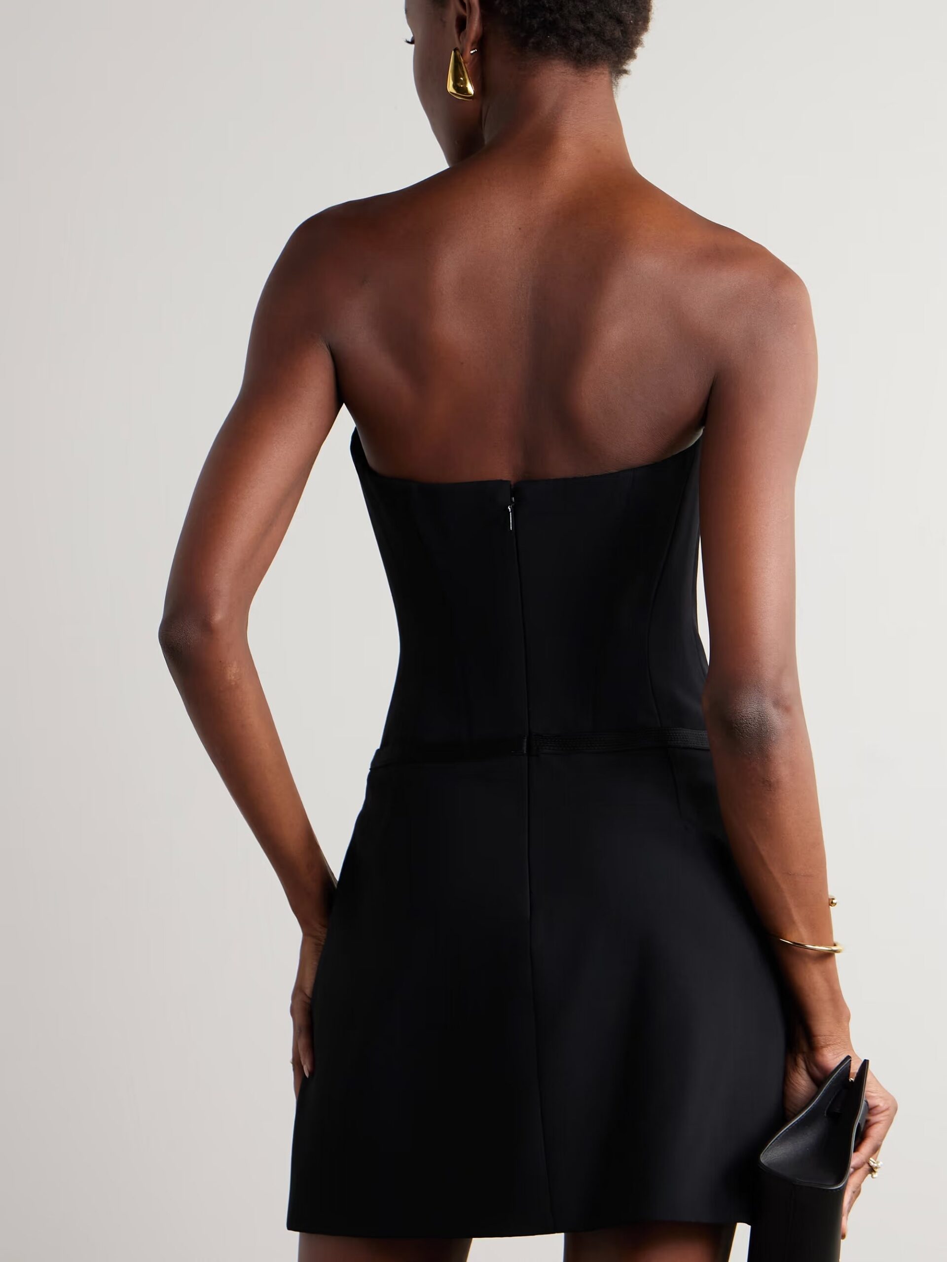 EMBELLISHED STRAPLESS BLACK CADY MINI DRESS