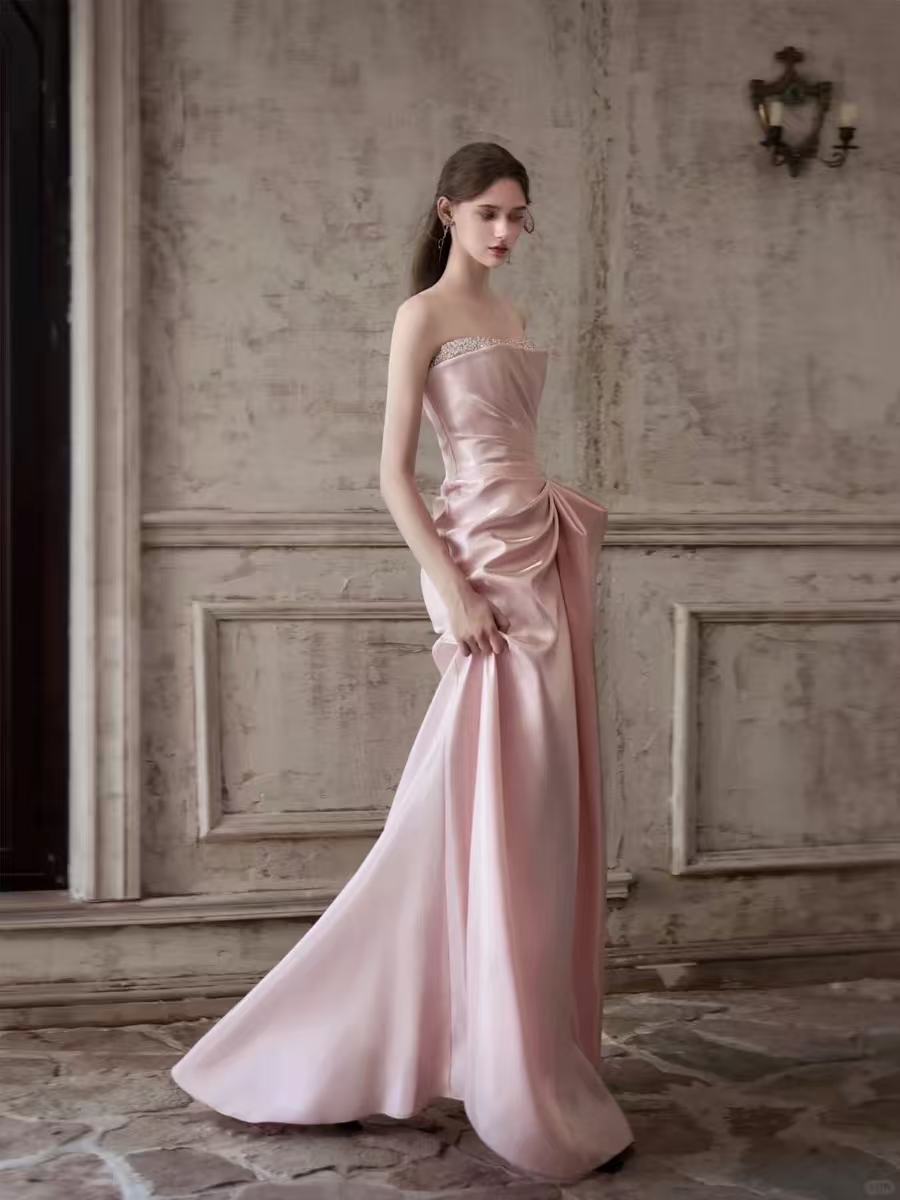 MERMAID STRAPLESS RUCHED BEADED PINK PROM GOWN
